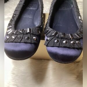 Tory Burch Navy Satin w/Black Ribbon & Metal Studs.